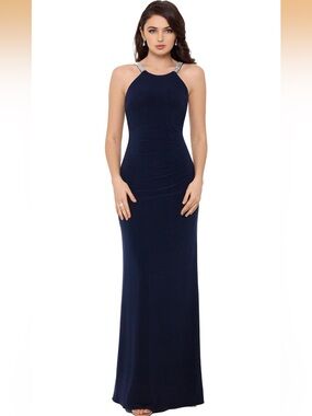 BA Nites Embellished Strap High Neck Gown In Navy